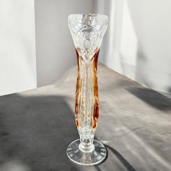 Vintage Czech Bohemian Glass Crystal Vase Vessel Amber Etching Floral Decor Vase - Picture 3 of 16
